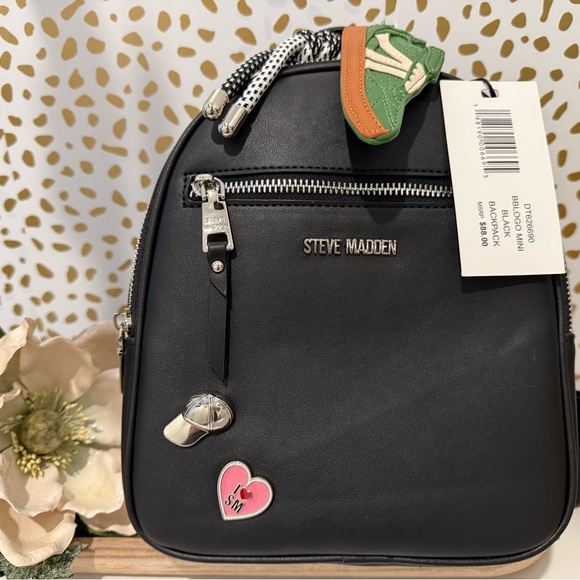 Steve Madden Handbags - Steve Madden Black Backpack with 2 Cute Keychains & 2 Pins NWT